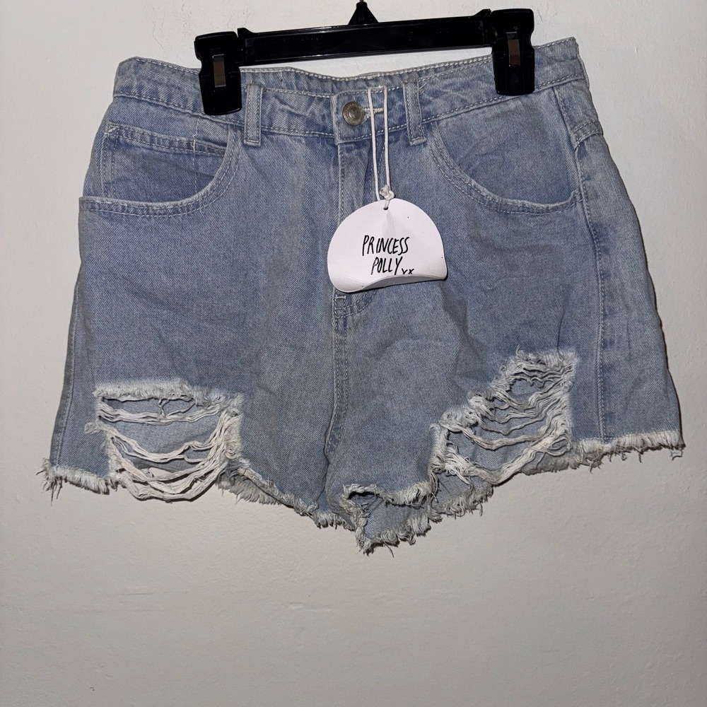 Princess Polly Distressed Denim Shorts Light Wash High Waisted Frayed Hem Size 6